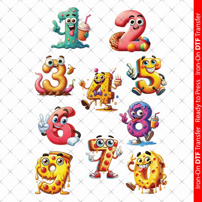 Funny Numbers DTF transfers for t-shirt decoration