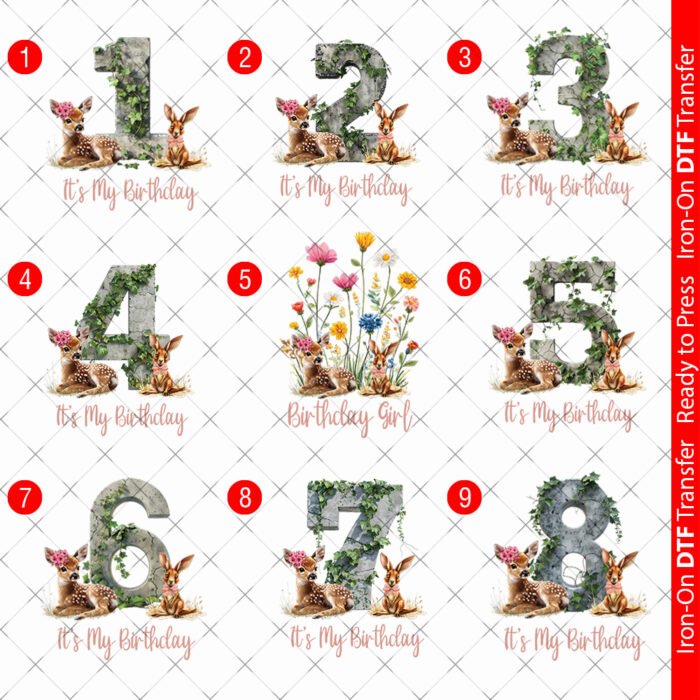 Deer Birthday DTF transfers iron on